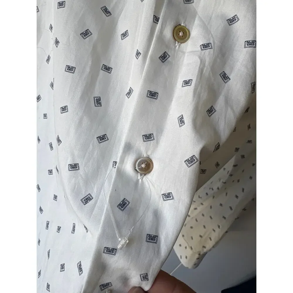 Paul Smith Italy Cassette Tape Print Cotton Dress Shirt White Navy Men's 17.5